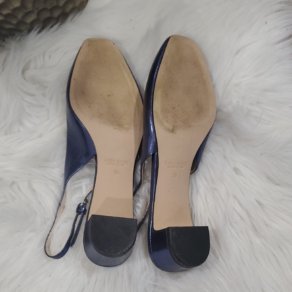 Zara Women's Shiny Blue Slingback Heels - Picture 8 of 12